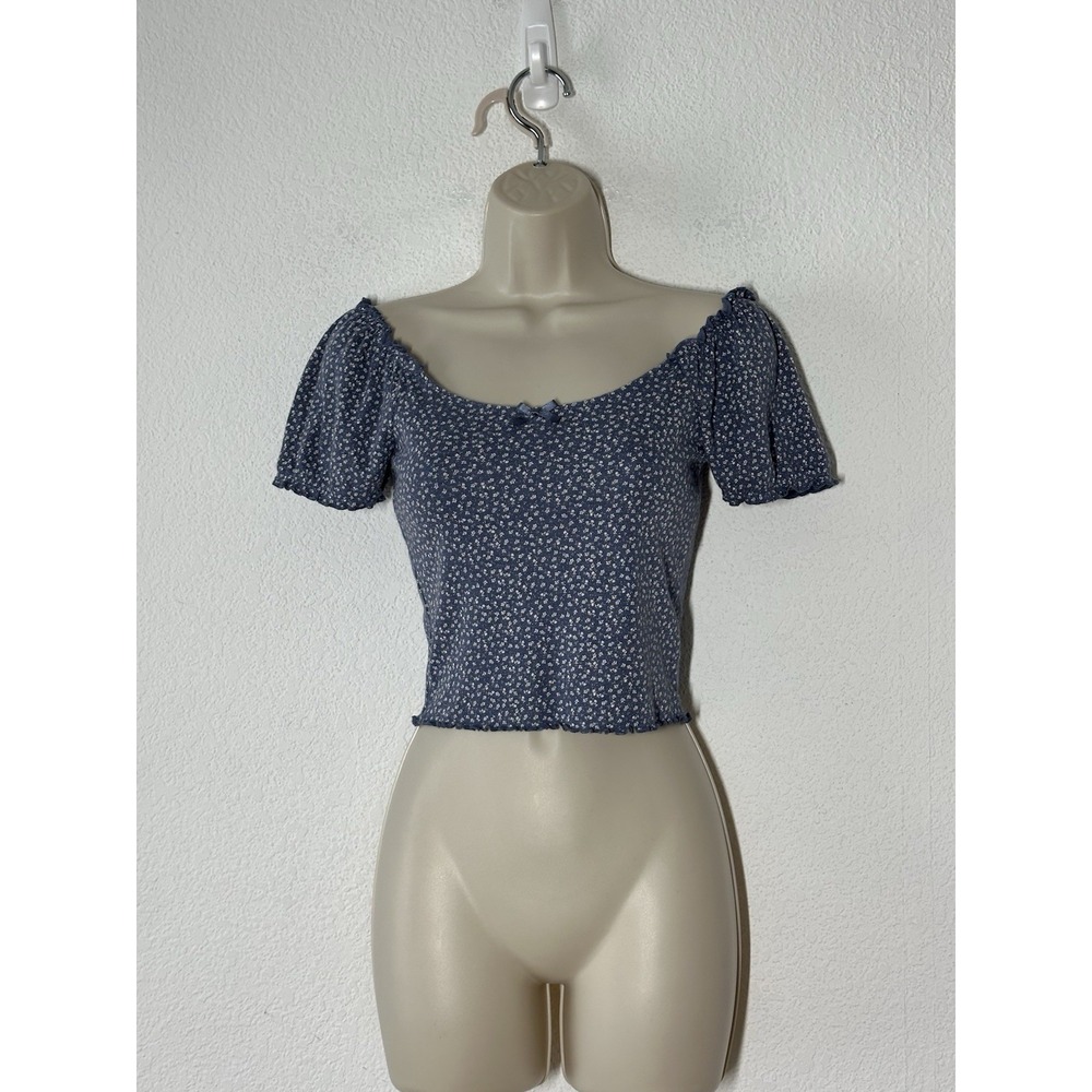 American Eagle Ditzy Floral Blue‎ White Puff Sleeve Crop Baby Tee Bow Size XS